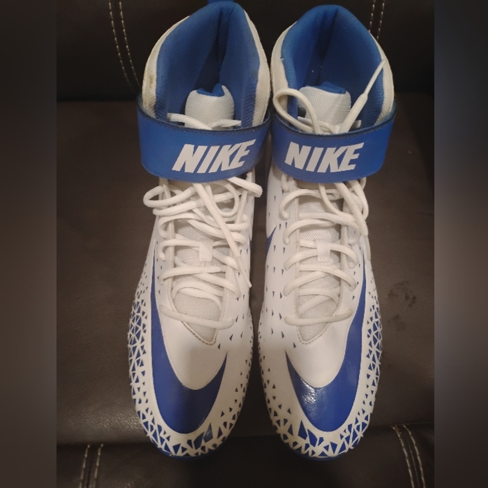 Nike Savage Shark White and Royal Blue High-Top Football Men Cleats Size 14